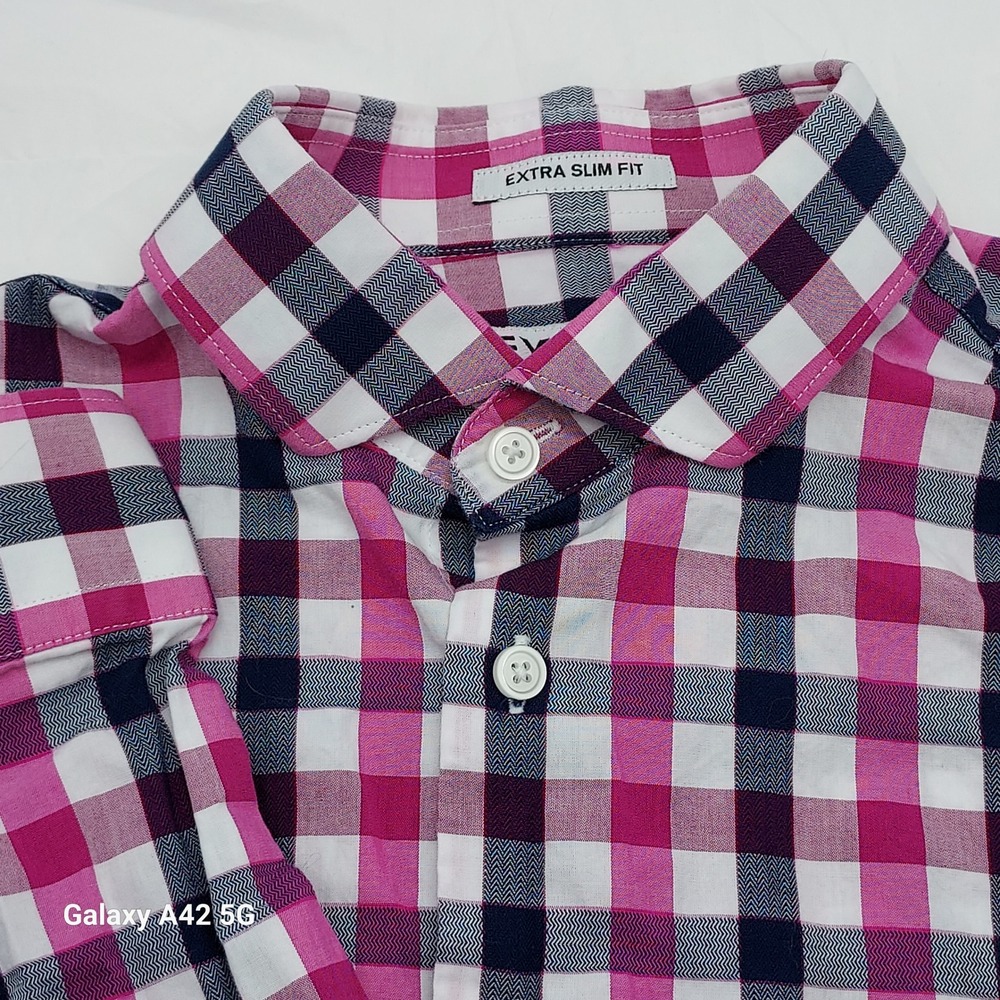 Express Extra Slim Fit Mens Small Pink Navy Blue Gingham Check Cotton Shirt‎